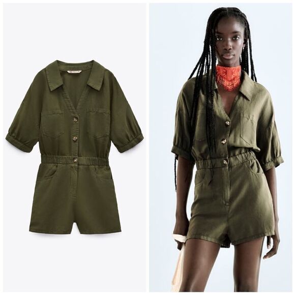 Zara Linen Blend Khaki Jumpsuit New - Picture 2 of 10